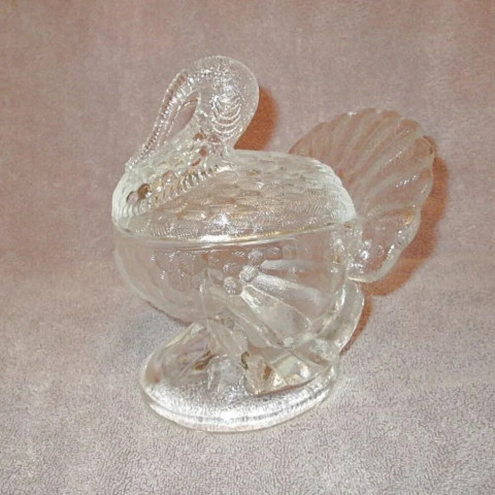 Vtg L.E. Smith Clear Glass Turkey On A Nest Covered Candy Dish 7.5
